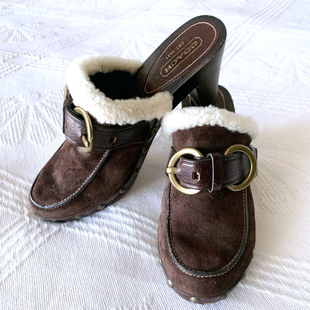 Coach Sondra Mule, Suede Leather, Shearling, Wood Bottoms, Brass buckle, Sz 8.5